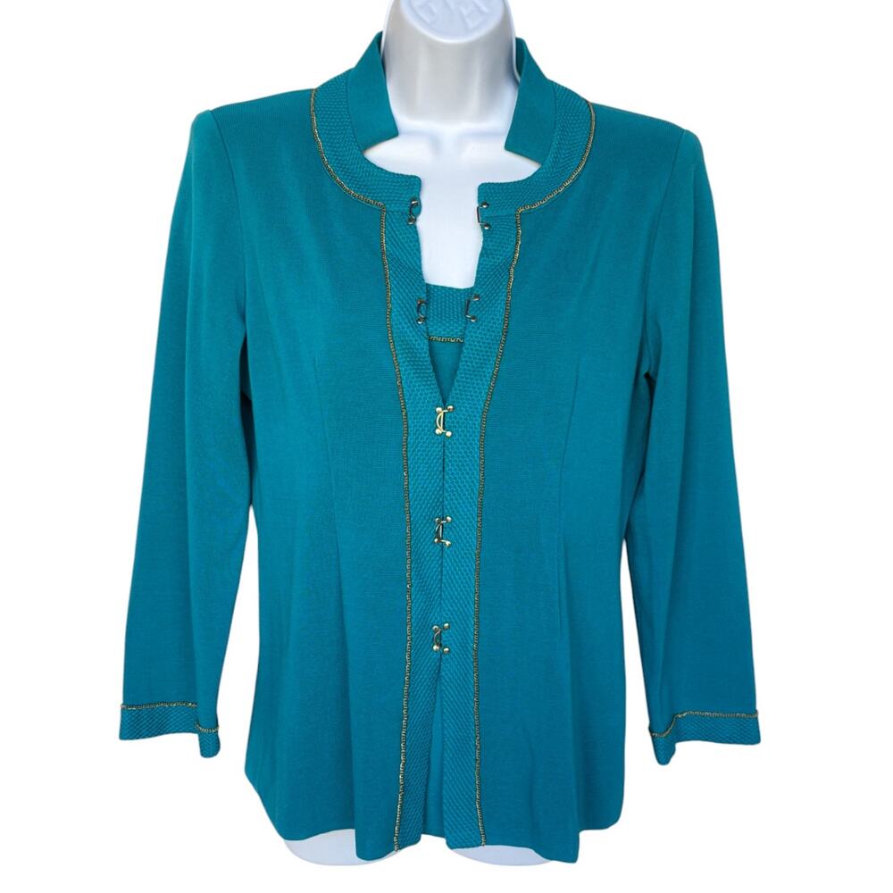Misook Turquoise Blue Sweater Jacket with Tank Twinset w Embellishments size S